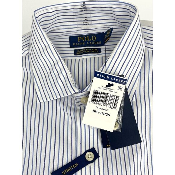 NWT Polo Ralph Lauren Slim Fit Easy Care Striped Cotton Button Up Blue White 16. - Picture 3 of 3